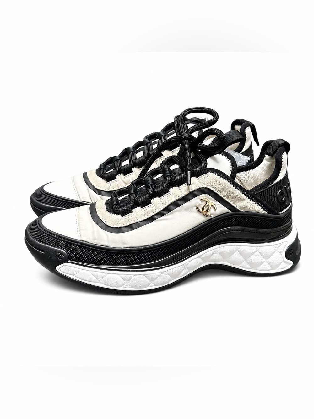 CHANEL Black and White Quilted-Trim Platform Sneakers